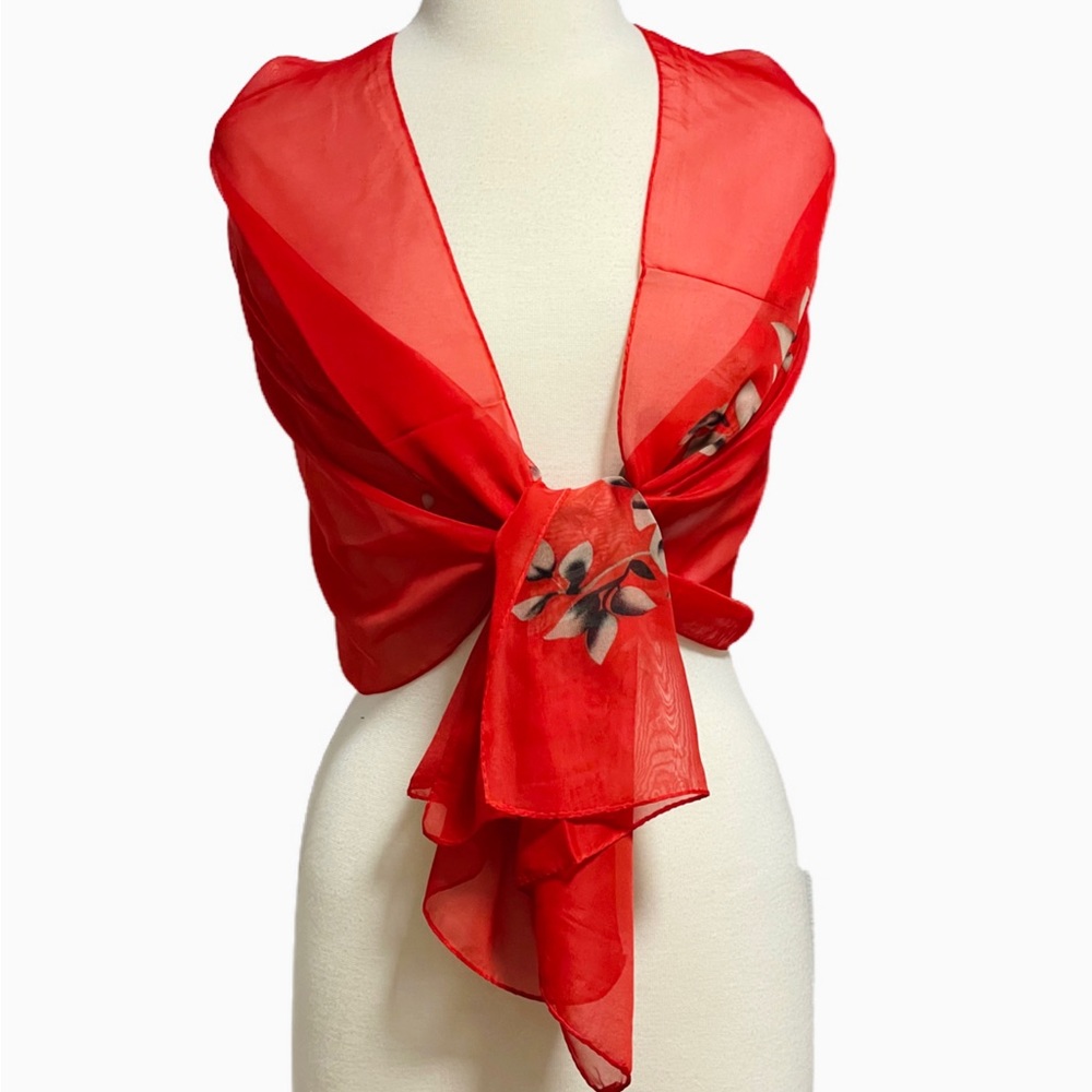 1167-Polyester Rectangular Floral Scarf-Red - Picture 4 of 4